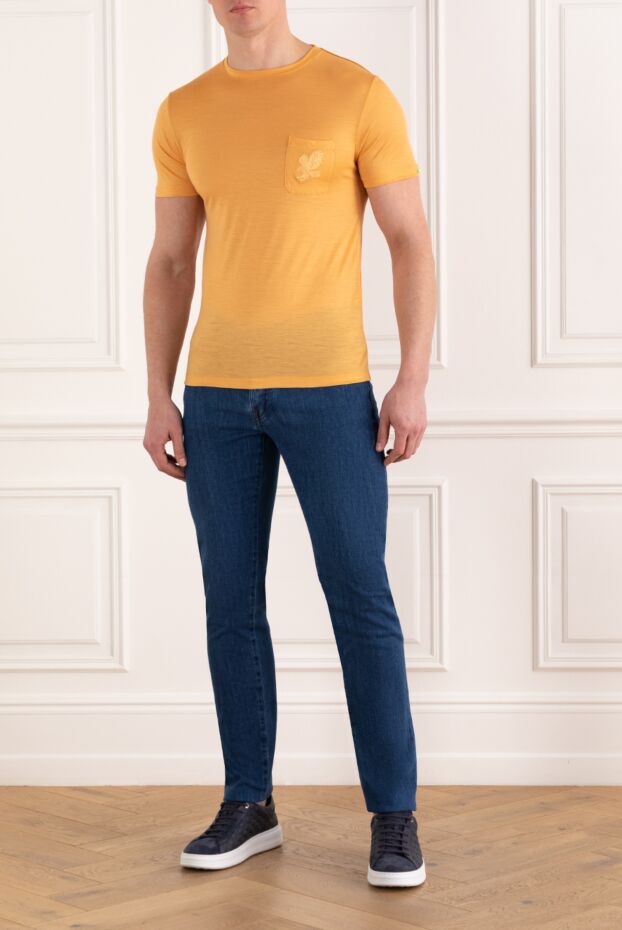 Kiton men's blue cotton straight jeans with red stitching 185694 - photo 2