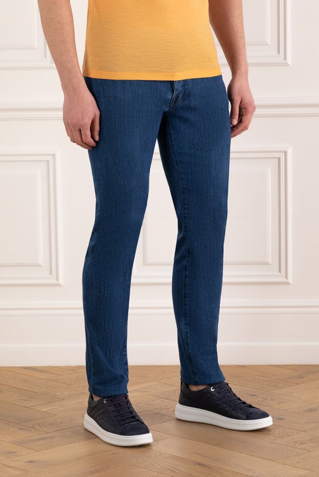 Kiton men's blue cotton straight jeans with red stitching 185694 - photo 3