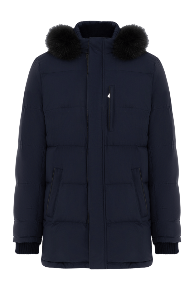 Blue down jacket for men with a hood and fur trim