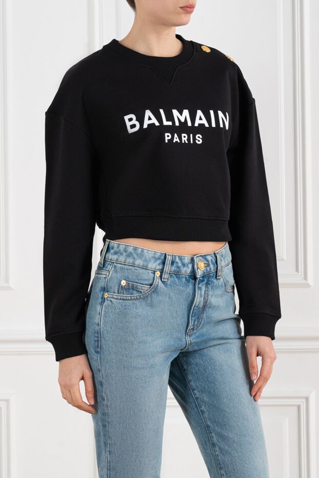 Balmain свитшот женский черный с золотыми пуговицами на плече 186482 - фото 3