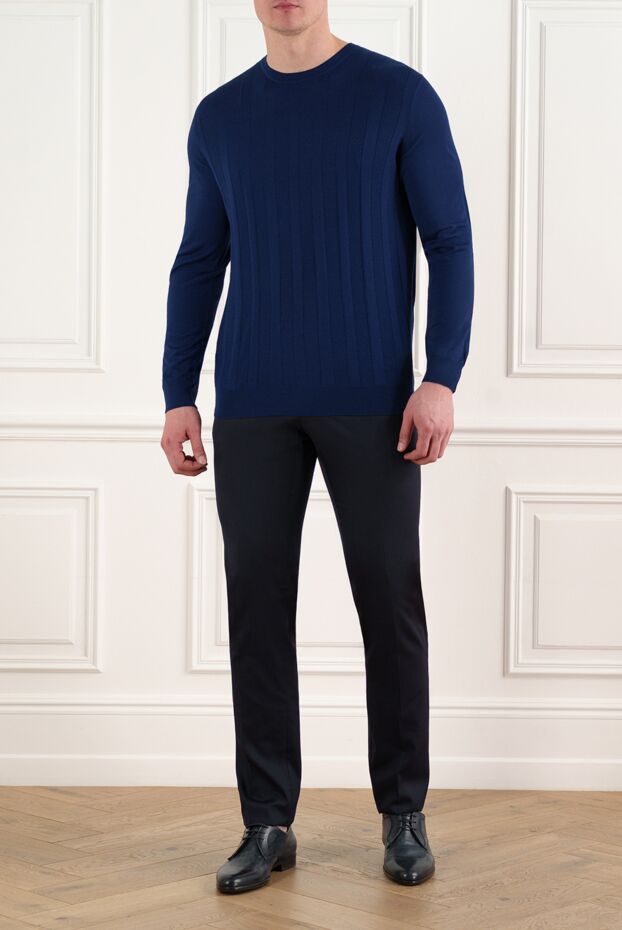 Corneliani темно-синій вовняний чоловічий джемпер в смужку 186612 - фото 2