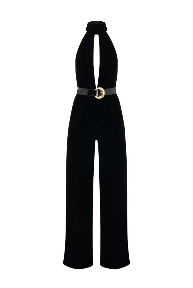 Women's black elastic velvet jumpsuit with belt - photo 1