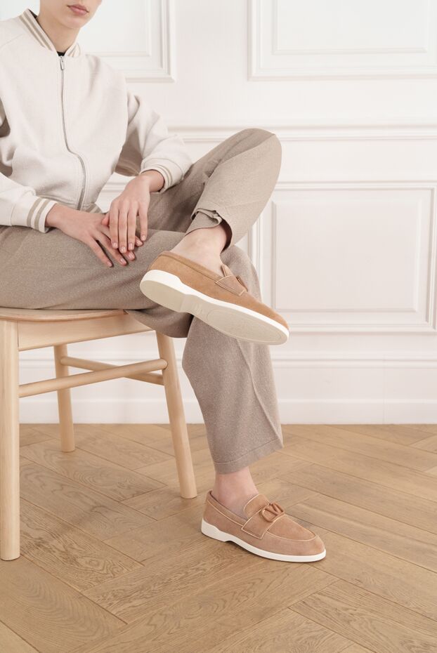Women's brown suede loafers with buckle - photo 2