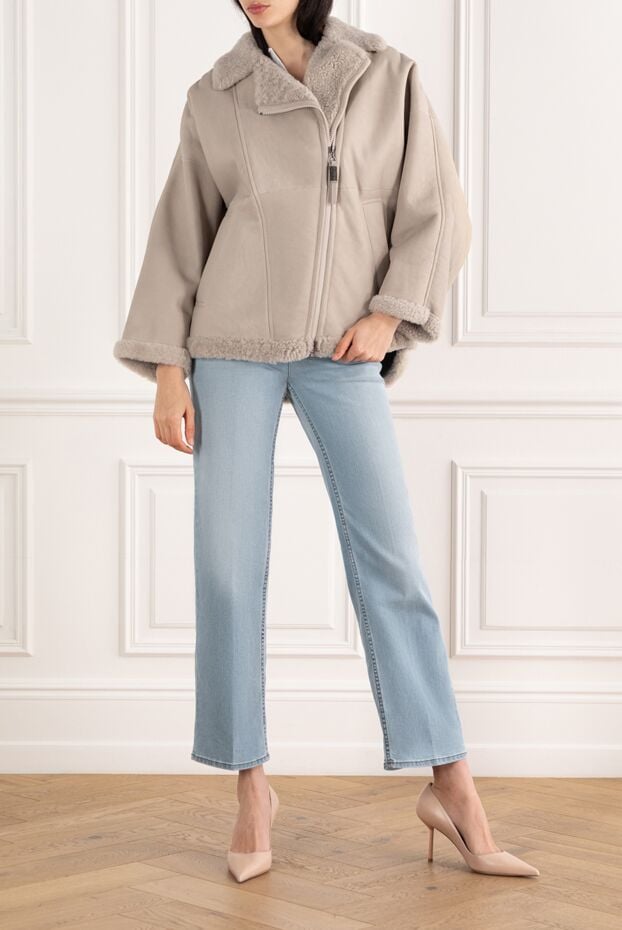 Brunello Cucinelli beige women's sheepskin coat with bias zipper 187311 - photo 2