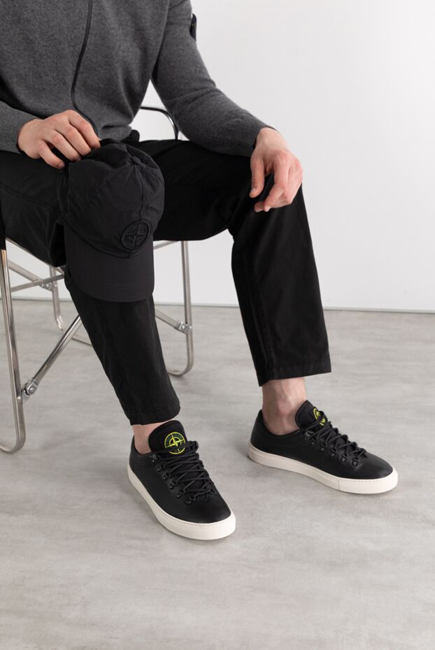 Stone Island men's black leather sneakers with logo 187552 - photo 3