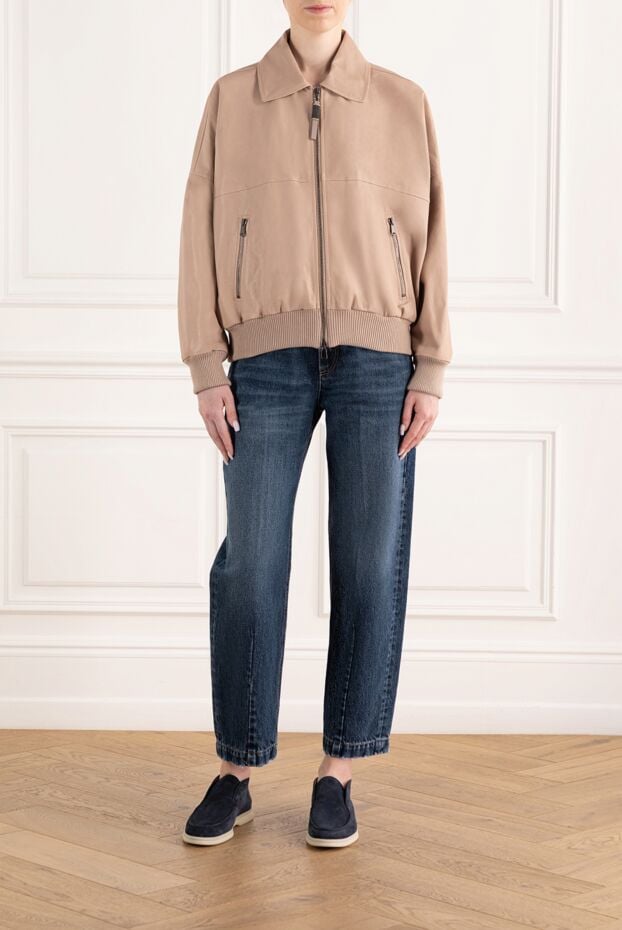 Brunello Cucinelli women's beige leather jacket with monili chain 188046 - photo 2