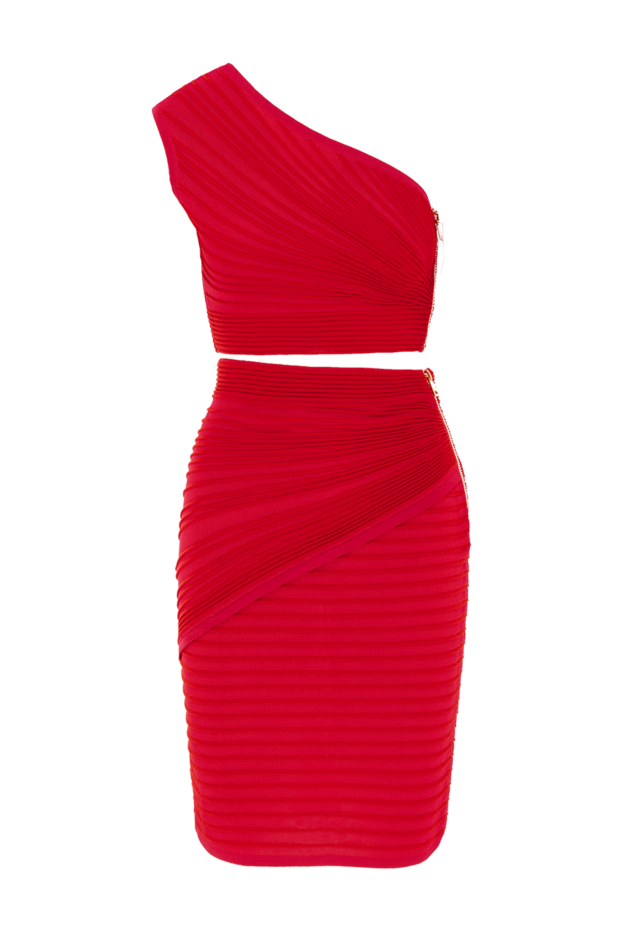 Balmain красный костюм с открытыми плечами и драпировкой 188122 - фото 1