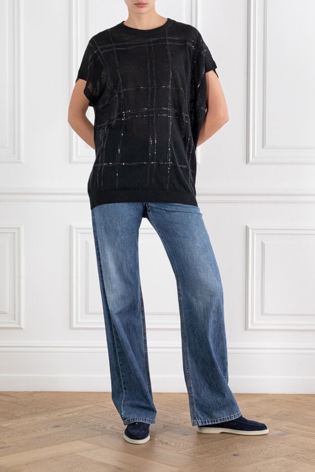 Linen Crew Neck Top in Large Check - photo 2