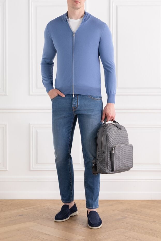 Brunello Cucinelli кардиган чоловічий трикотажний блакитного кольору на блискавці з кашеміру 188760 - фото 2