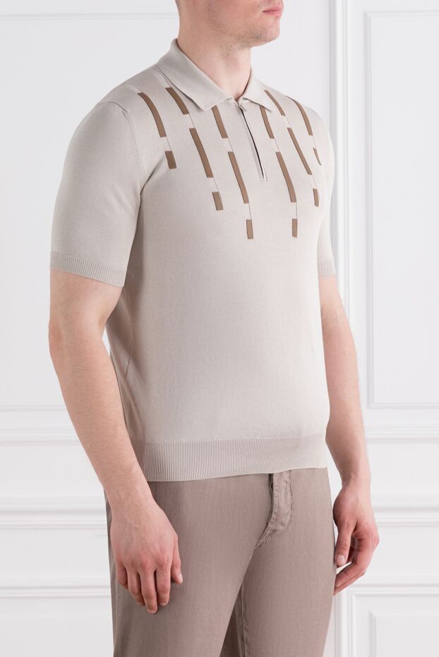 Zilli beige men's cotton and silk polo shirt with leather details 189018 - photo 3