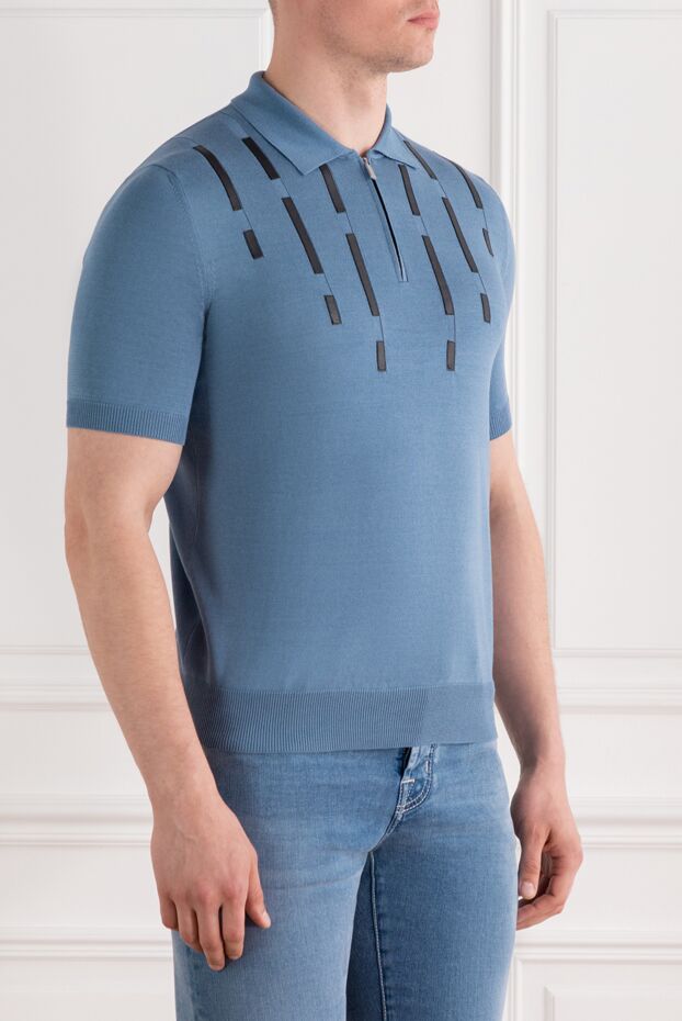 Zilli blue men's cotton and silk polo shirt with leather details 189019 - photo 3