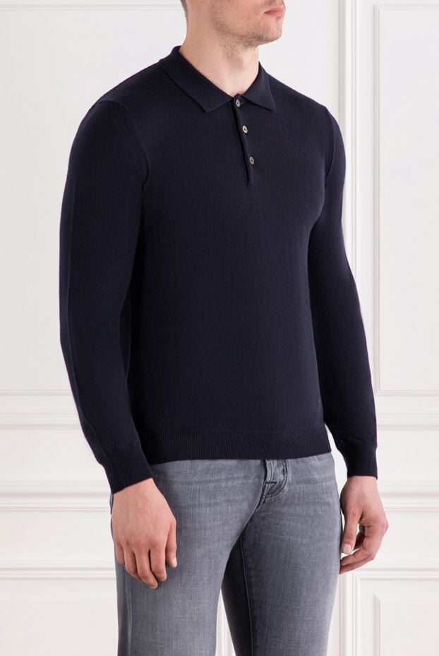 Corneliani темно-синє поло з вовни з довгим рукавом та класичним коміром 189220 - фото 3