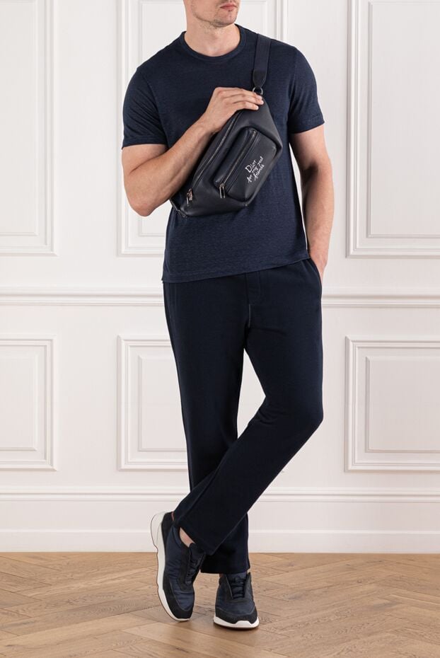 Brioni men's dark blue cotton trousers with elastic waistband 189997 - photo 2
