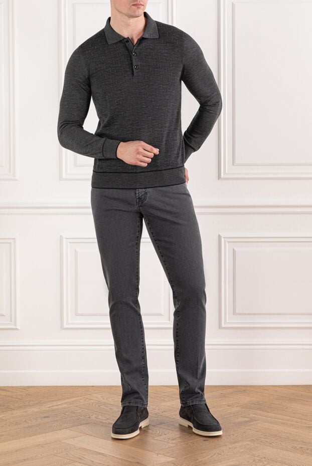 Brioni men's wool polo shirt with textured pattern and long sleeves 190022 - photo 2