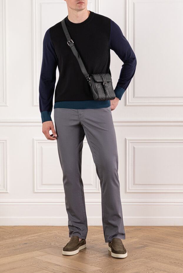 Wool and silk jumper with dark sleeves and blue cuffs - photo 2