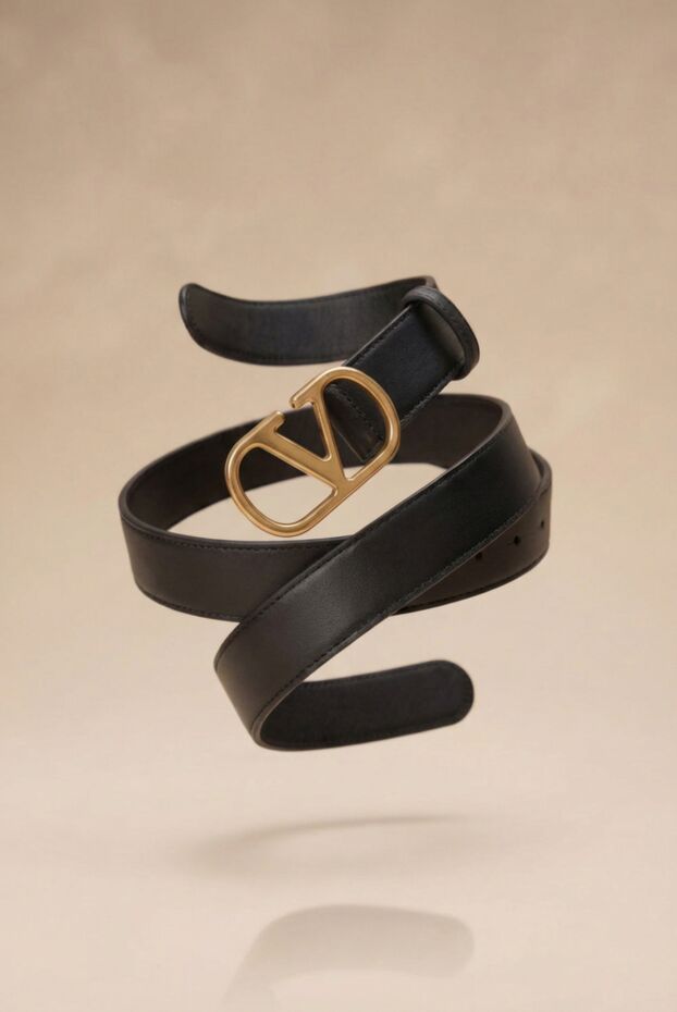 Шкіряний чорний ремінь із пряжкою у вигляді золотого логотипу VLogo - фото 2