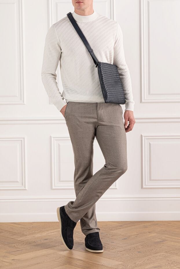 Men's grey-beige wool trousers with drawstring waistband - photo 2