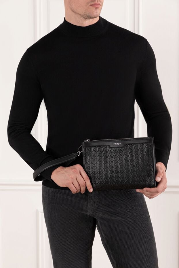 Serapian black leather clutch with relief texture 190573 - photo 2