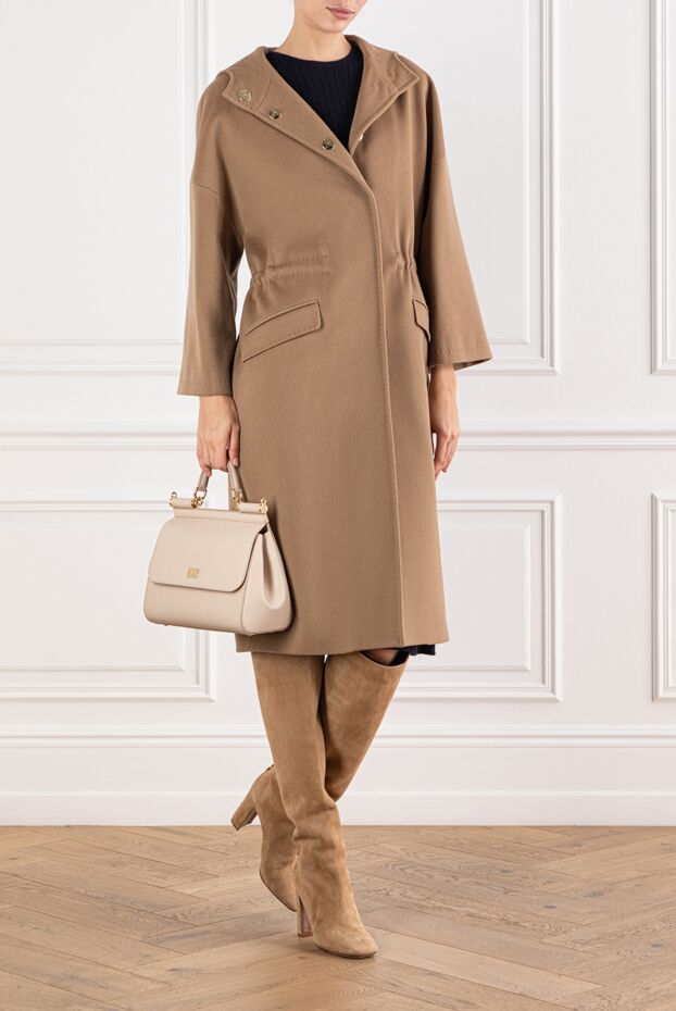 Heresis beige loose-fitting wool coat with a hood and belt 190835 - photo 2