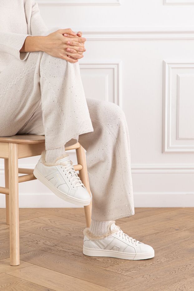 Santoni women's white double buckle sneakers in tumbled leather with fur 191262 - photo 2