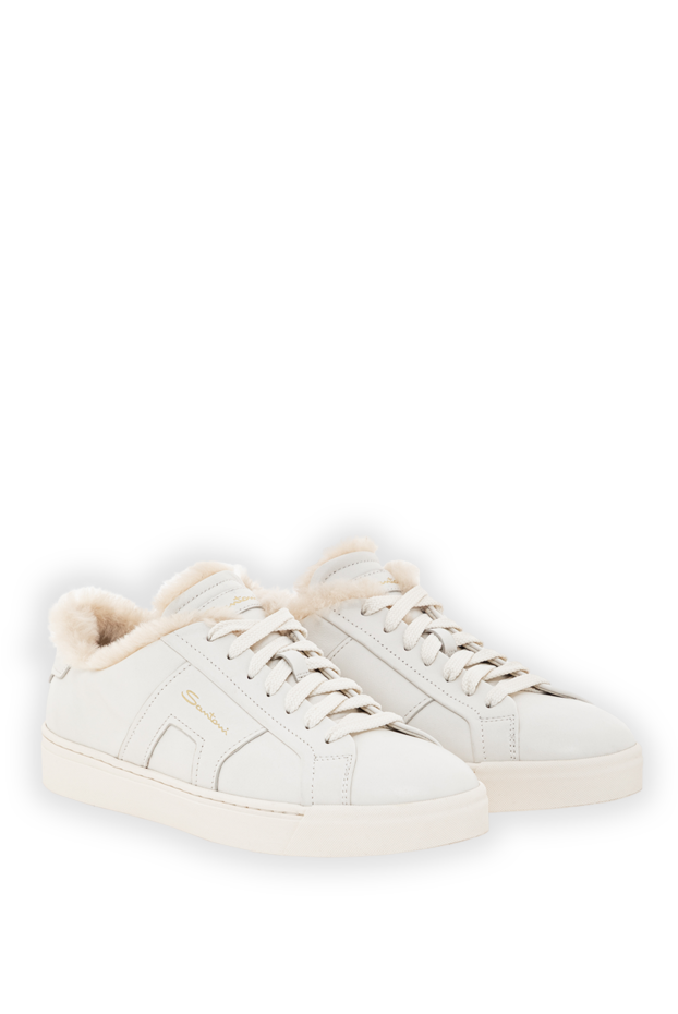 Santoni women's white double buckle sneakers in tumbled leather with fur 191262 - photo 3