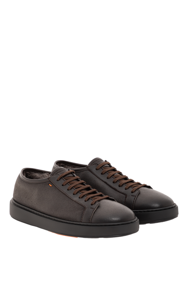 Santoni men's leather sneakers with fur lining and minimalist design, brown 191288 - photo 3