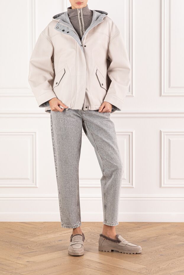 Milky-colored leather jacket with a hood - photo 2