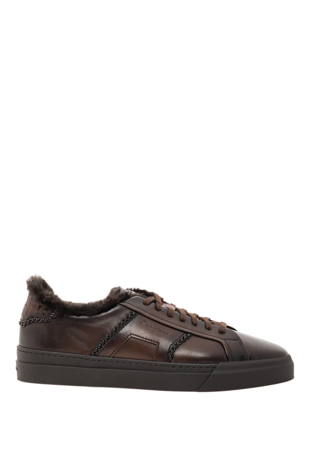 Santoni brown leather gloria sneakers with crocodile trim 191825 - photo 1