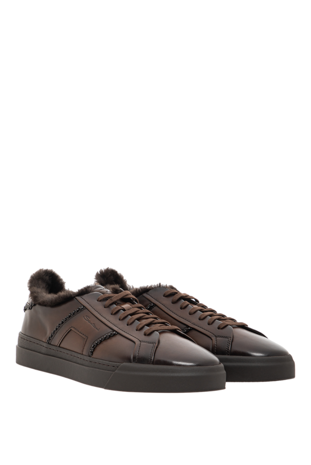Santoni brown leather gloria sneakers with crocodile trim 191825 - photo 3