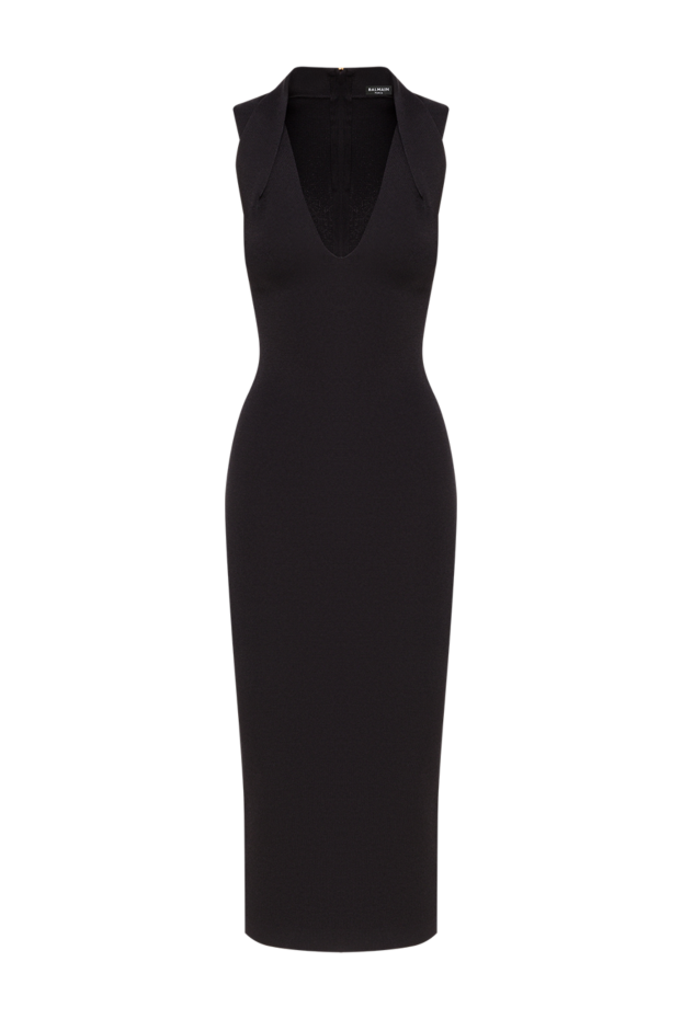 Balmain черное приталенное платье миди с v-образным вырезом и отложным воротником 192259 - фото 1