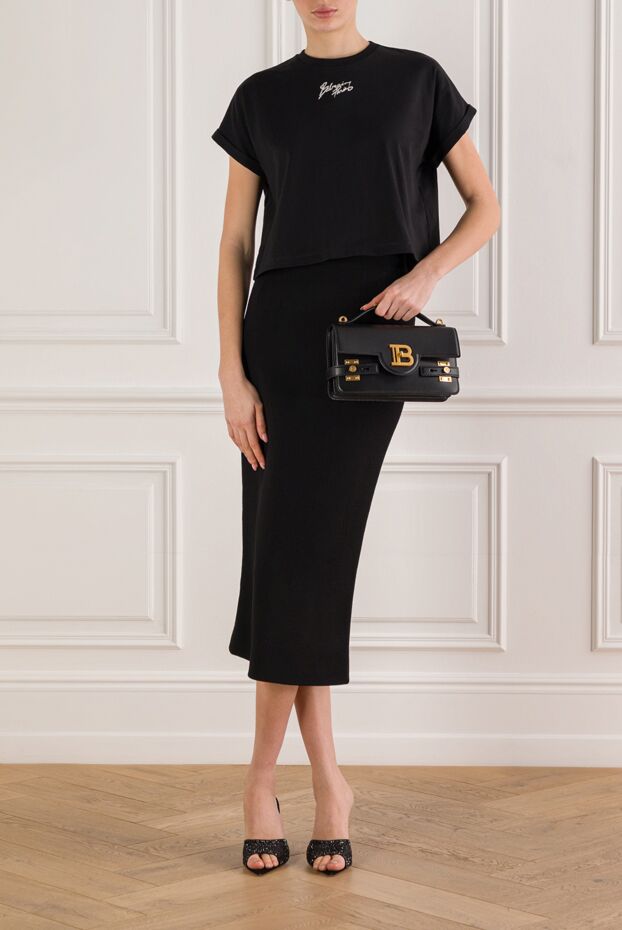 Balmain черная укороченная футболка с логотипом и отворотами на рукавах 192271 - фото 2
