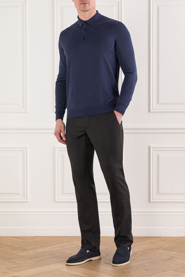 Cesare di Napoli long sleeve cotton jersey polo shirt in blue 192482 - photo 2