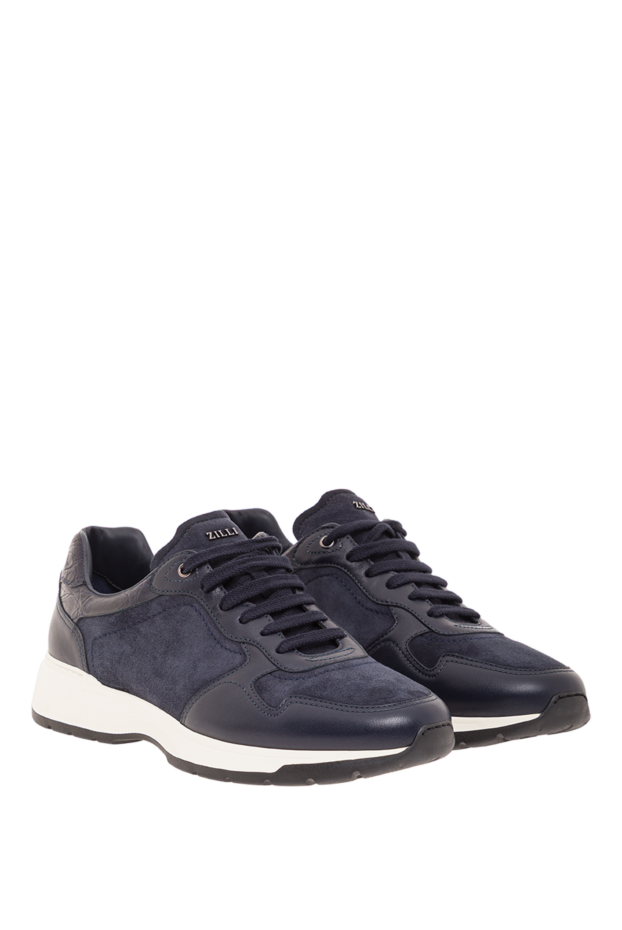 Zilli men's dark blue leather and suede sneakers with crocodile skin insert 193094 - photo 3