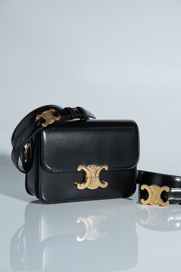 Celine сумка черная teen triomphe из блестящей телячьей кожи 193323 - фото 2