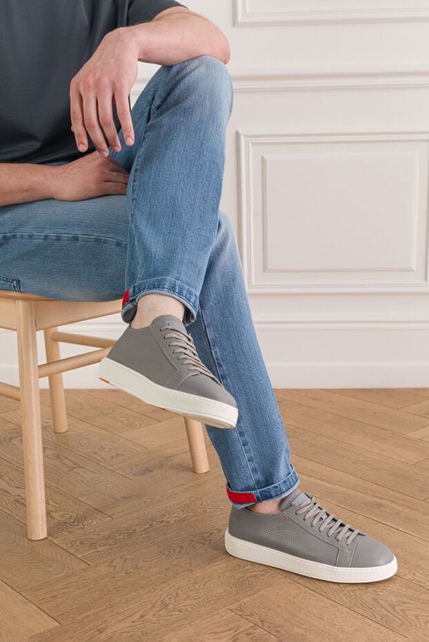 Santoni men's sneakers made of gray genuine leather with a white sole 193503 - photo 2