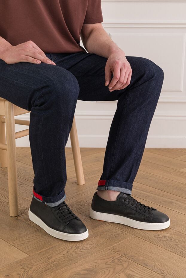Santoni men's sneakers made of black genuine leather with a white sole 193504 - photo 2