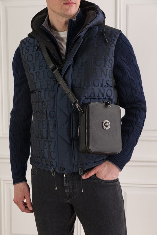 Black calfskin messenger bag with logo - photo 2