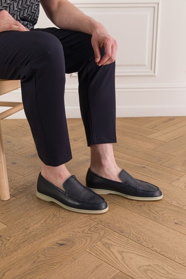 Cesare di Napoli men's blue loafers made of genuine leather with a grained texture 193670 - photo 2