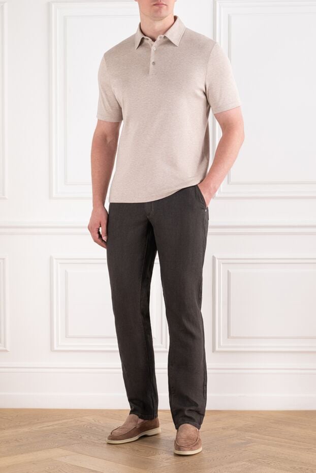 Zilli men's brown linen straight-leg trousers with pocket embroidery 193698 - photo 2