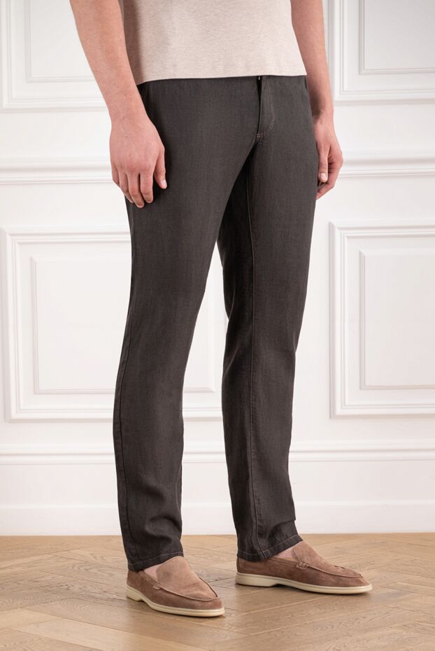 Zilli men's brown linen straight-leg trousers with pocket embroidery 193698 - photo 3