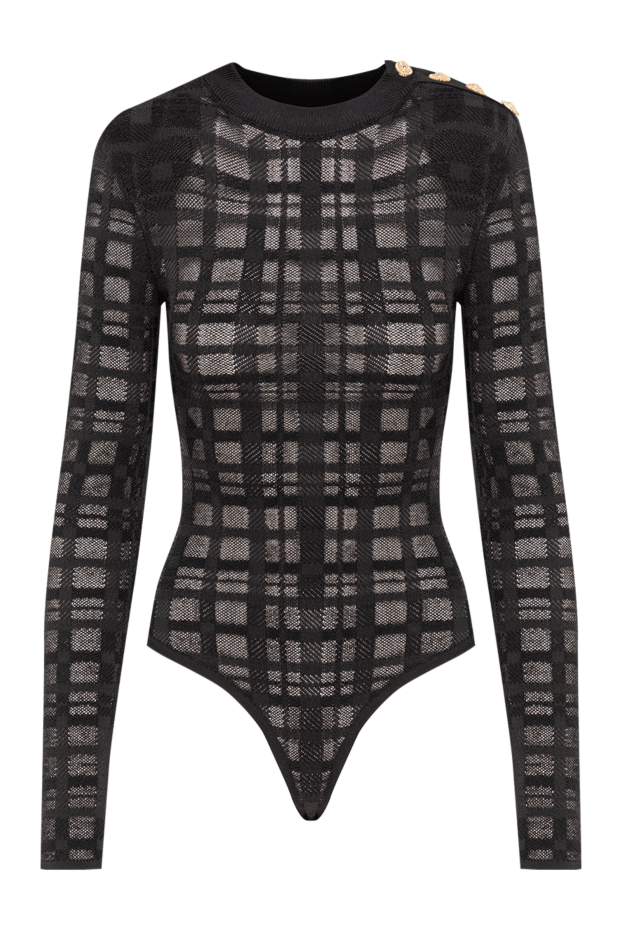 Balmain черное женское боди из полупрозрачного трикотажа с жаккардовым узором в клетку 193731 - фото 1