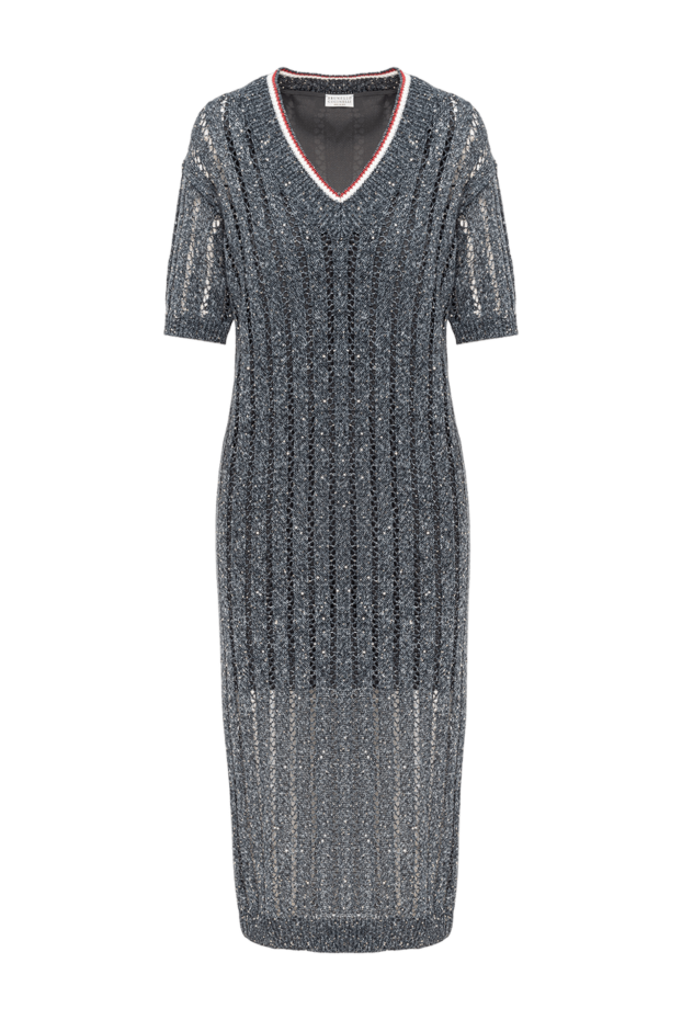 Brunello Cucinelli трикотажное серое платье из льна с открытой вязкой и пайетками 193763 - фото 1