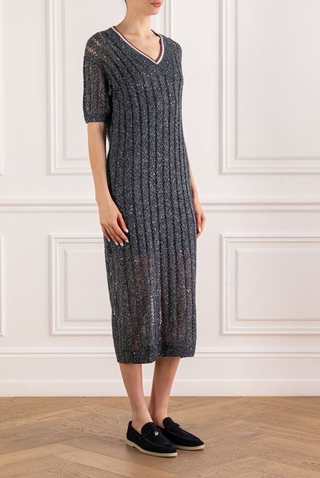 Brunello Cucinelli трикотажное серое платье из льна с открытой вязкой и пайетками 193763 - фото 3