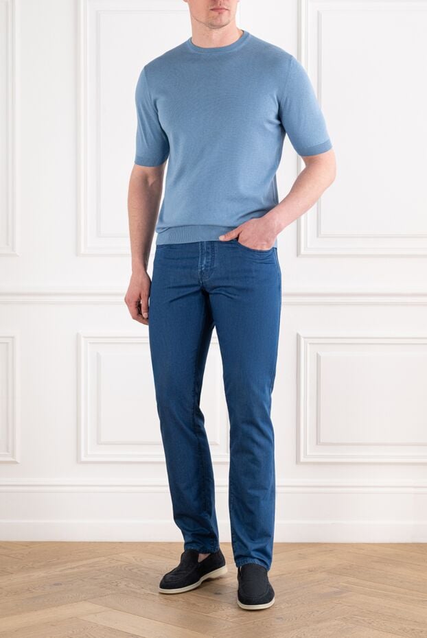 Cesare di Napoli light blue men's lightweight short sleeve jumper made of cotton and silk 194648 - photo 2