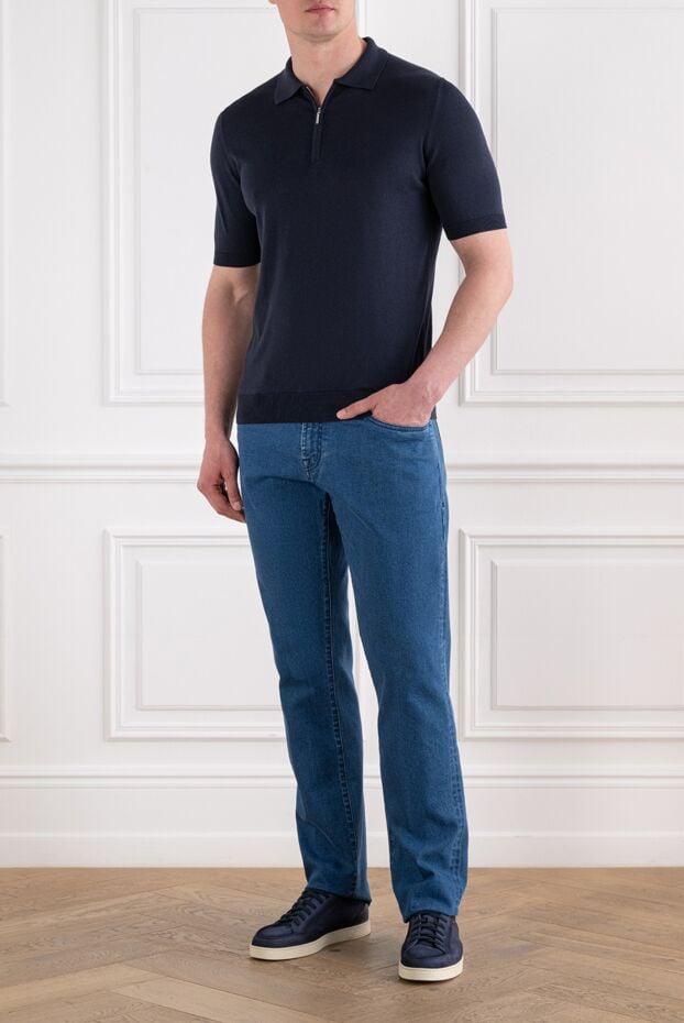 Cesare di Napoli dark blue men's silk and cotton polo shirt with zip 194649 - photo 2