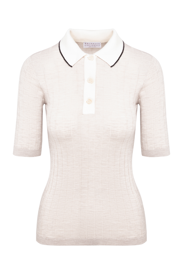 Women's beige ribbed knit polo shirt made of wool and cashmere - photo 1