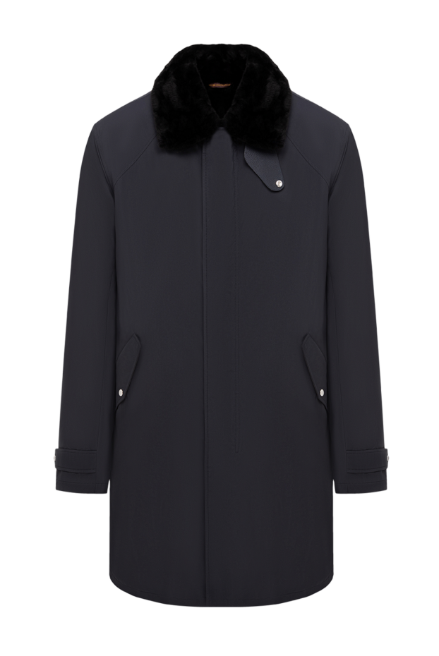 Men's dark blue fur coat with a turn-down collar - photo 1
