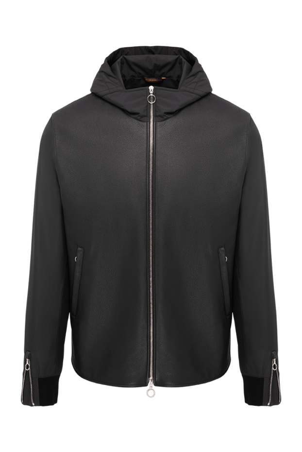 Combined black leather and textile bomber jacket with a hood - photo 1