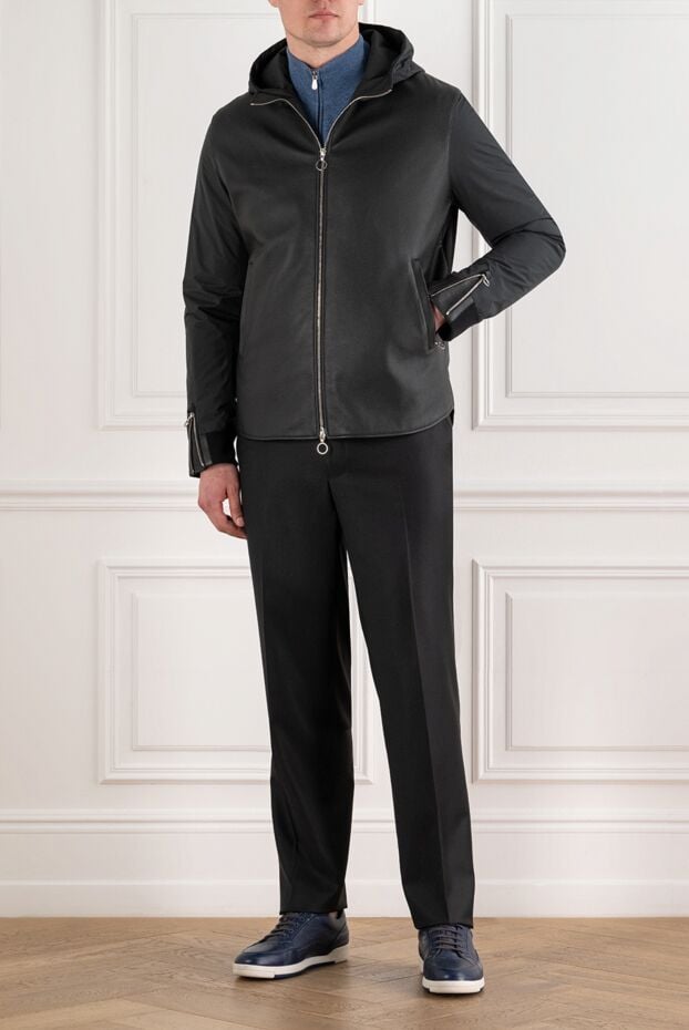 Combined black leather and textile bomber jacket with a hood - photo 2