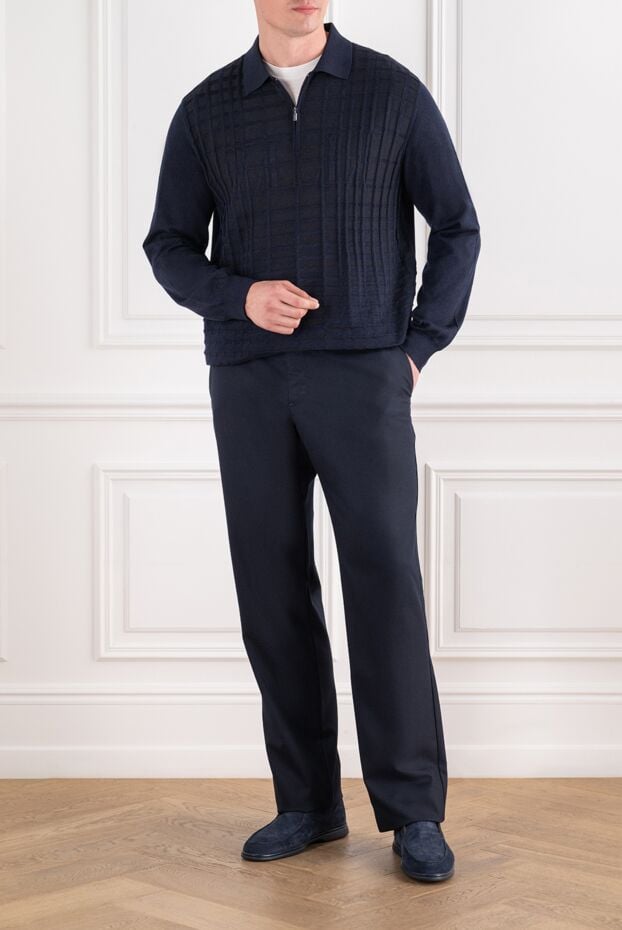 Zilli blue knit polo shirt with a textured geometric pattern and a logo on the zipper 195254 - photo 2